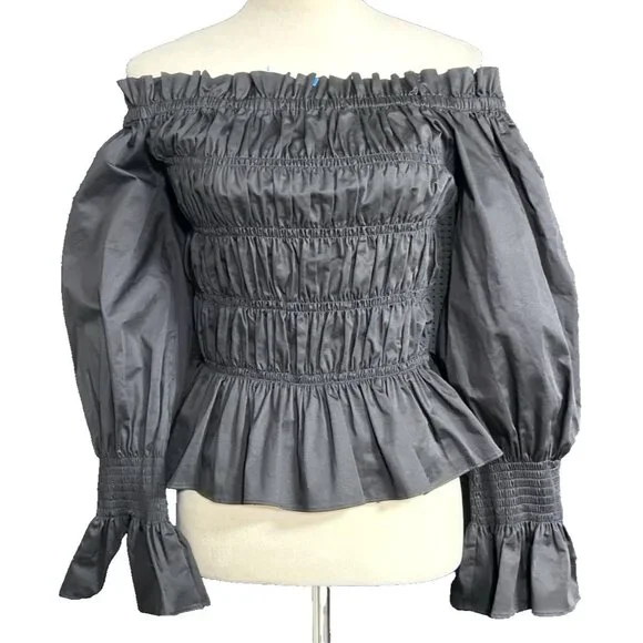 House of Harlow 1960 Black Smocked Off Shoulder Peplum Puff Sleeves Blouse Top L - Picture 1 of 9